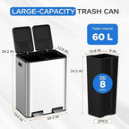 PayLessHere Trash Can, 16 Gallon (2x8G) 60 Liter Rectangular Trash Cans Stainless Steel Step Trash Can with Inner Buckets and Hinged Lids, Suitable for Kitchen Office Home Use,Silver