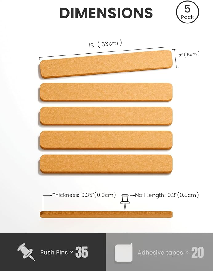 Fluxynara Cork Board Alternative Felt Strip Board 5-Pack 13"x2", Office Pin Board with 35 Push Pins, Adhesive Install for Bedroom Door & Home Office(Sunset Yellow)