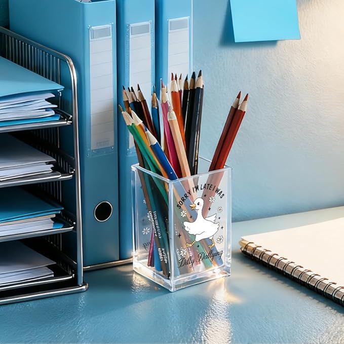 QYUVK Sorry I'm Late I Was Dilly Dallying Acrylic Makeup Brush Pencil Holder Cup, Funny Silly Goose Pen Holder Cup Gifts for Women Coworker, Cosmetic Organizer for Home Office Desk Accessories