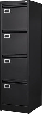 BYNSOE 4 Drawer File Cabinet with Lock Metal Vertical File Cabinet Office Home Vertical File Cabinet for A4 Legal/Letter Size Narrow File Cabinet Locked,Assembly Required (Black, 4 Drawers- Vertical)