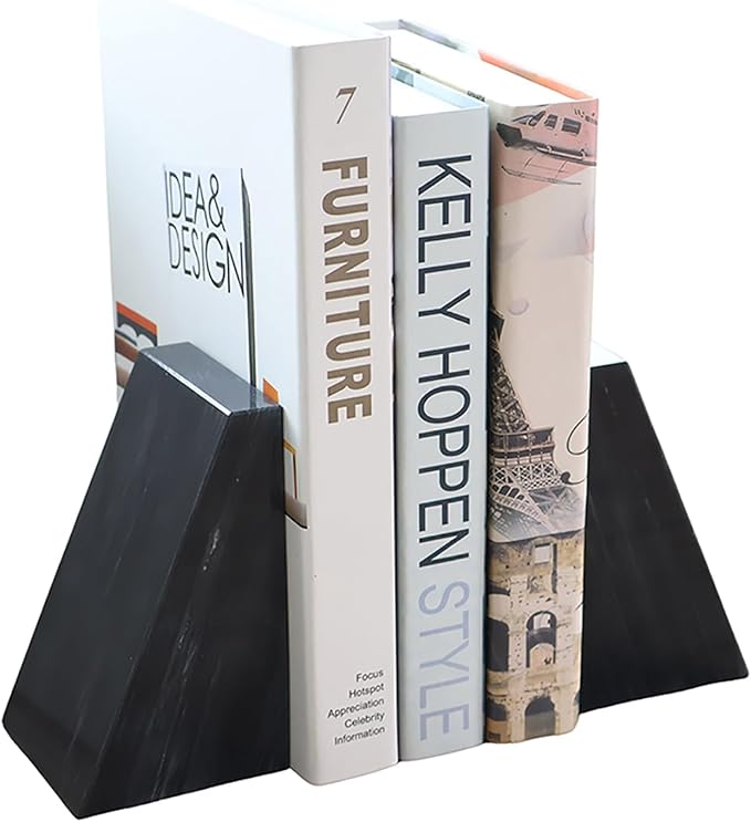 Fox Run 100% Natural Polished Marble Bookends, Black, Set of 2, Smaller Triangular