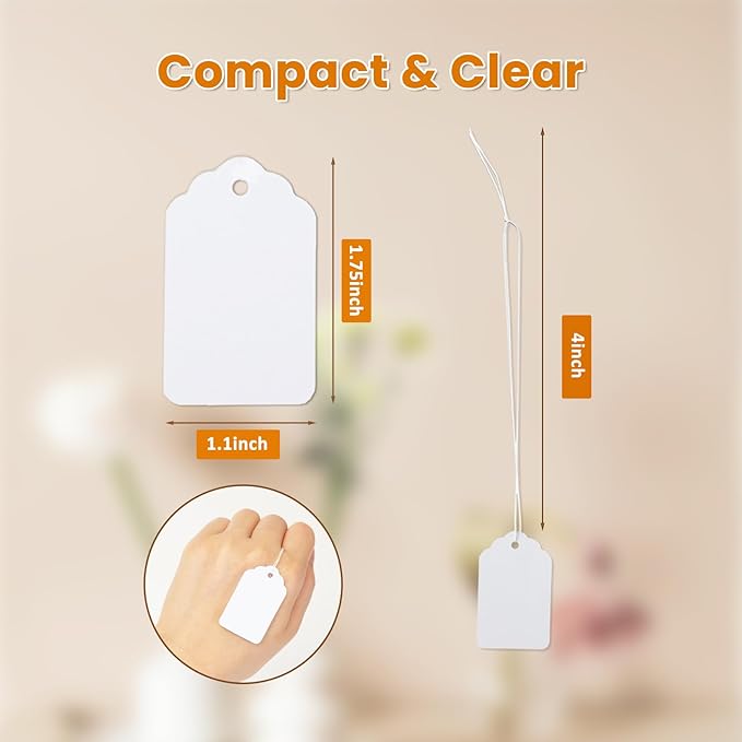 2000 PCS White Price Tags, 1.75 x 1.1 Inches, Goefun Gift Tags with String Attached for Labeling, Hanging, Clothing, Jewelry, Garage/Yard Sale, Inventory, 250 GSM