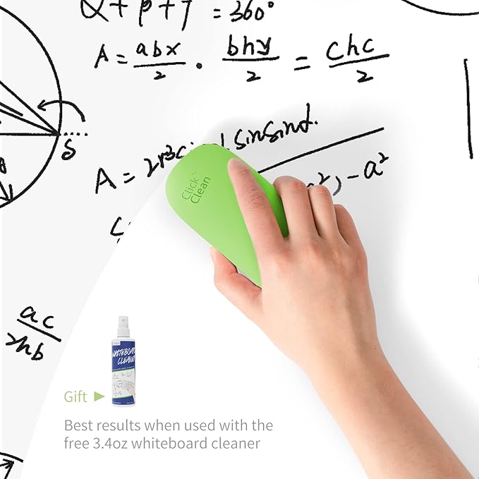 CLICK CLEAN Replaceable Dry Erase Board Eraser, 4-in-1 Magnetic Whiteboard Eraser with 3 Replaceable Felt Pads, Free 3.4oz Whiteboard Cleaner Included, Intended for Classroom, Home and Office