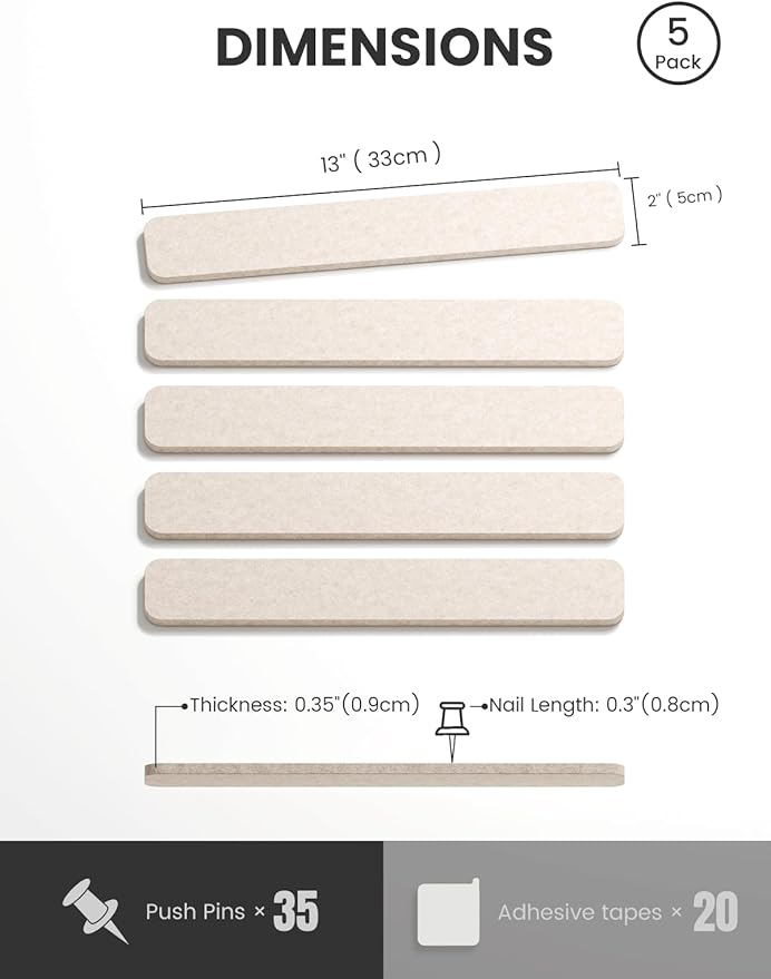 Fluxynara Cork Board Alternative Felt Strip Board 5-Pack 13"x2", Office Pin Board with 35 Push Pins, Adhesive Install for Bedroom Door & Home Office(Oatmeal)