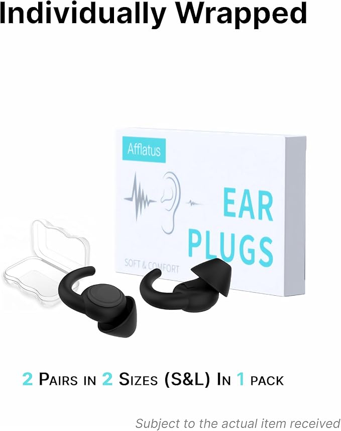 Afflatus Ear Plugs for Sleeping Noise Cancelling, 2 Pairs (S+L) Comfortable Reusable Noise Reduction Ear Plugs, Earplugs for Sleep, Snoring (Pure Black)