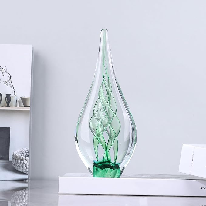 9" Tall Sculpture Hand Blown Glass Decor, Paperweight for Office Desk, Modern Glass Art Figurines Mediterranean Beach House Decor, Living Room Coffee Shelves Table Top Decoration (Swirl Green)