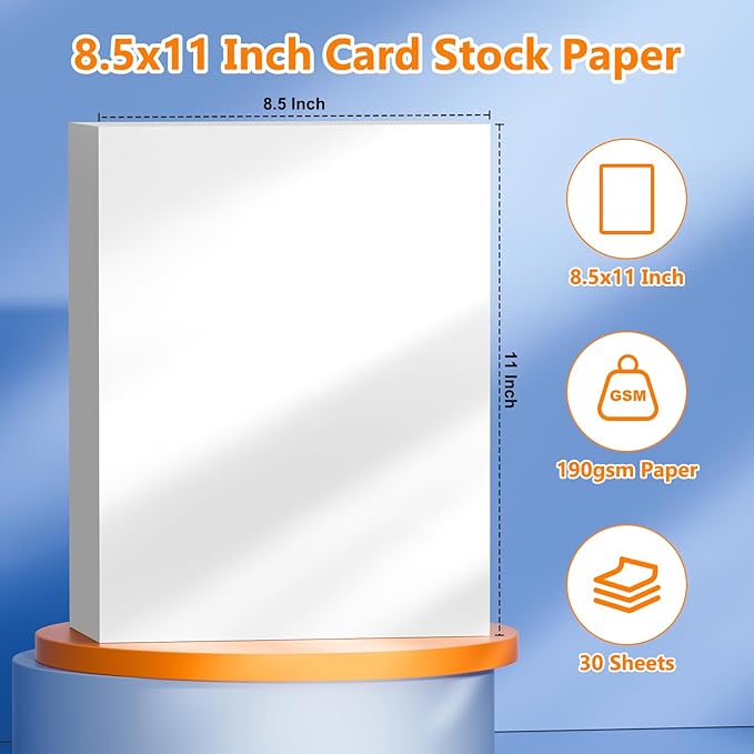 30 Sheets of Cardstock 8.5 x 11, Heavyweight Cover Cardstock Printer Paper 8.5 x 11, 190 gsm Bright White Card Stock Paper for DIY, Professional Printing, Wedding Invitations, Office Cards & Crafts