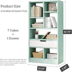 IOTXY Wooden Open Shelf Bookcase - 51 Inches Height Freestanding Display Storage Cabinet Organizer with 7 Cubes and a Drawer, Floor Standing Bookshelf in Tiffany-Green