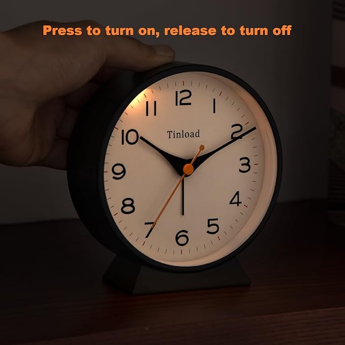 Tinload 4.5" Battery Operated Retro Analog Alarm Clock, Small Silent Bedside Desk Clock,Lighted on Demand, Battery Operated, Snooze, for Living Room, Bedroom, Bedside, Desk(Black)
