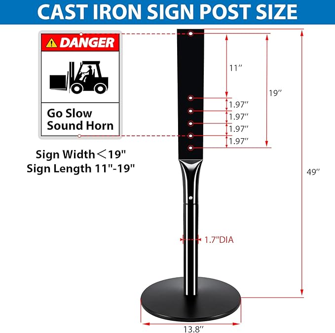 VAIIGO 2Pack Heavy Duty Parking Sign Post for Outside, 20lbs Cast Iron Base Sign Post for Outdoor Sign Holder, Yard Sign Stand, Street Sign Post, 49" Height, Black