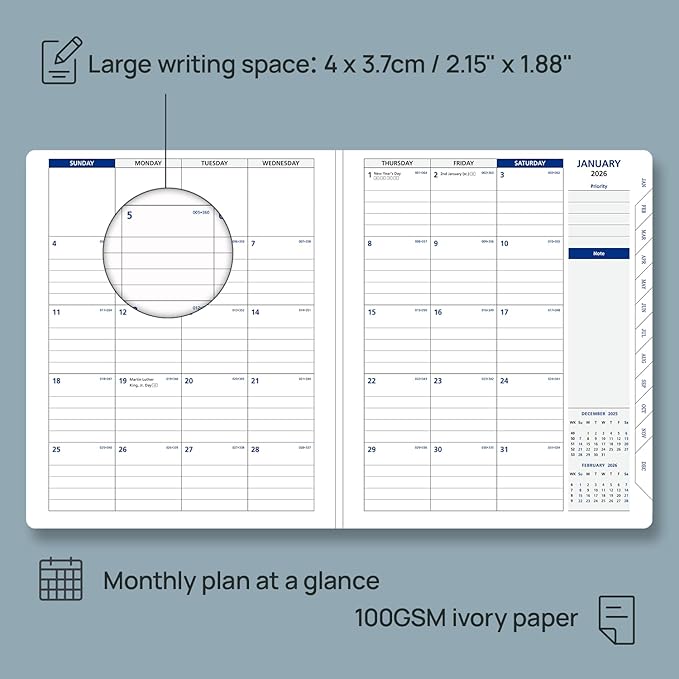 POPRUN 2026 Weekly Planner (Medium 7'' x 8.5''), 30-Minute Hourly Appointment Book (Jan 2026-Dec 2026) with Monthly Tabs, Inner Pockets, Pen Holder, PU Leather Softcover, 100GSM - Dark Green