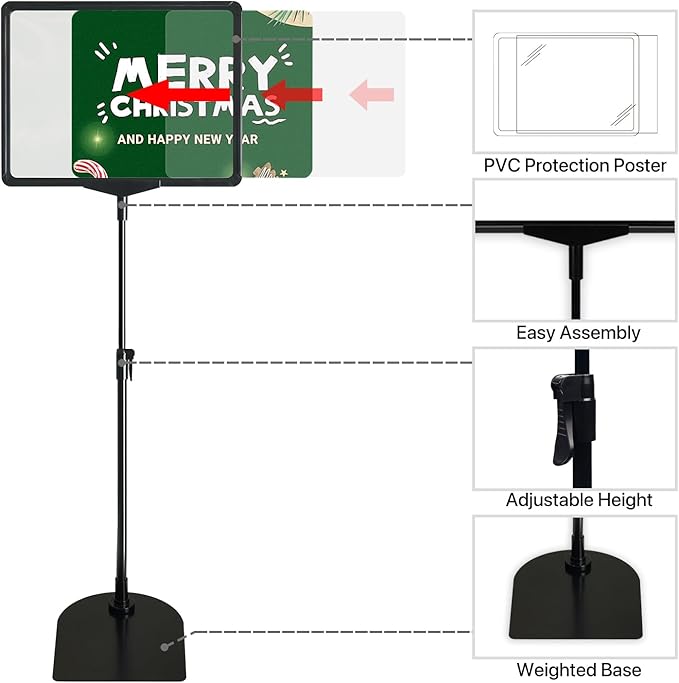 ONCEMORE Sign Holder, 8.5 x 11 Inch Sign Stand with Adjustable Height Snap Open, Reusable Sign Stands for Display Advertising Business Signage, Vertical and Horizontal Two View Modes (Black, 8 Pack)
