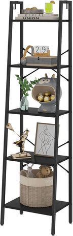 Hzuaneri Ladder Shelf, Bookshelf Bookcase, Freestanding Corner Storage Shelve with 2 Hooks for Home Office, Living Room, Kitchen, Bedroom, Industrial, 11.8" D x 17.3" W x 63" H, Black BC19204B