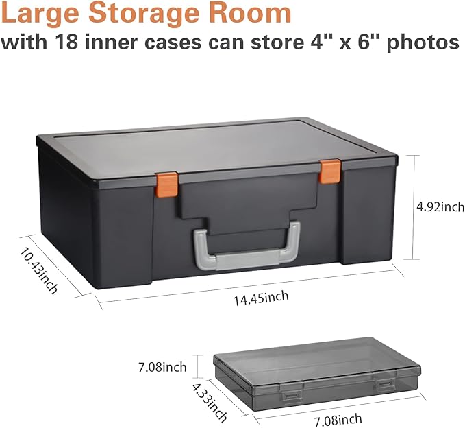 Photo Storage Box 4" x 6", 18 Inner Extra Large Photo Case Large Photo Organizer Acid-Free Photo Box Storage Photo Keeper Photo Storage Case, Plastic Craft Storage Box for Photo Stickers Stamps Seeds (Black, 18 Boxes)