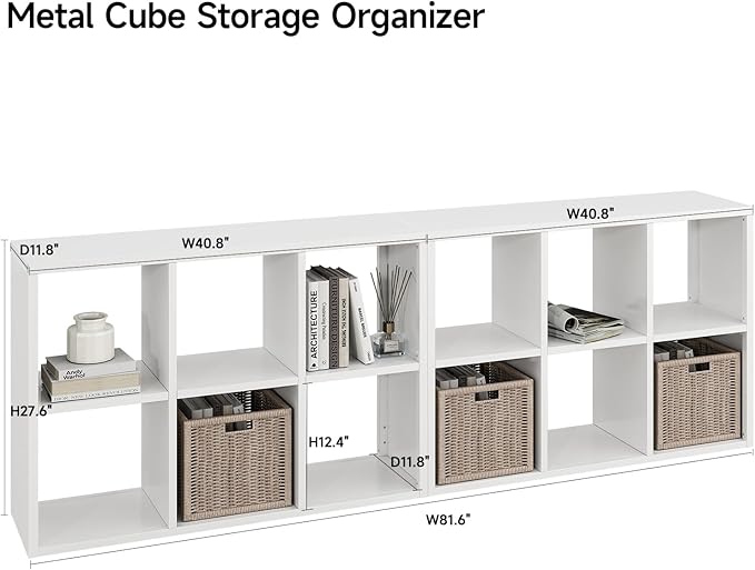 IRONMIX White Cube Storage Organizer with Shelves, Metal Short Bookshelf with Storage, Modern Horizontal Bookshelf, Short Display Cabinet Cube Bookcase for Home Office Library (White, 1037-2 Set)