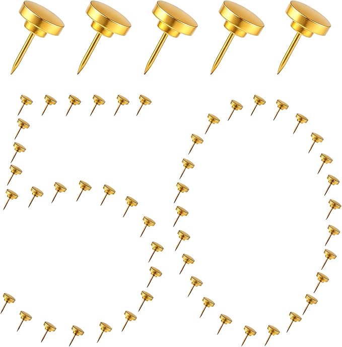 50Pcs Gold Metal Push Pins for Bulletin Board, Flat Thumb Tacks, Heavy Duty Pushpins for Cork Board Photos Wall Travel Maps Poster Picture Hanging, School Office Home Decorative