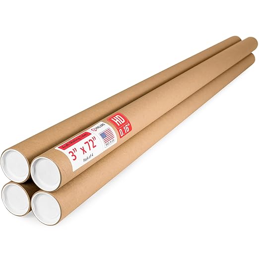 Paclord 3" x 72" Heavy-Duty Reinforced Cardboard Mailing Tube, Pack of 4 Tubes with 8 Caps – Secure USPS Approved – Great for Shipping and Storing of Prints, Artwork, Posters or Documents