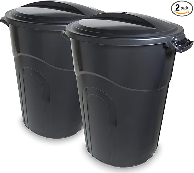 United Solutions 32 Gallon Outdoor Garbage Can, Black, Easy to Carry Garbage Can with Sturdy Construction, Pass-Through Handles & Attachable Click Lock Lid, Indoor or Outdoor Use, (Pack of 2)