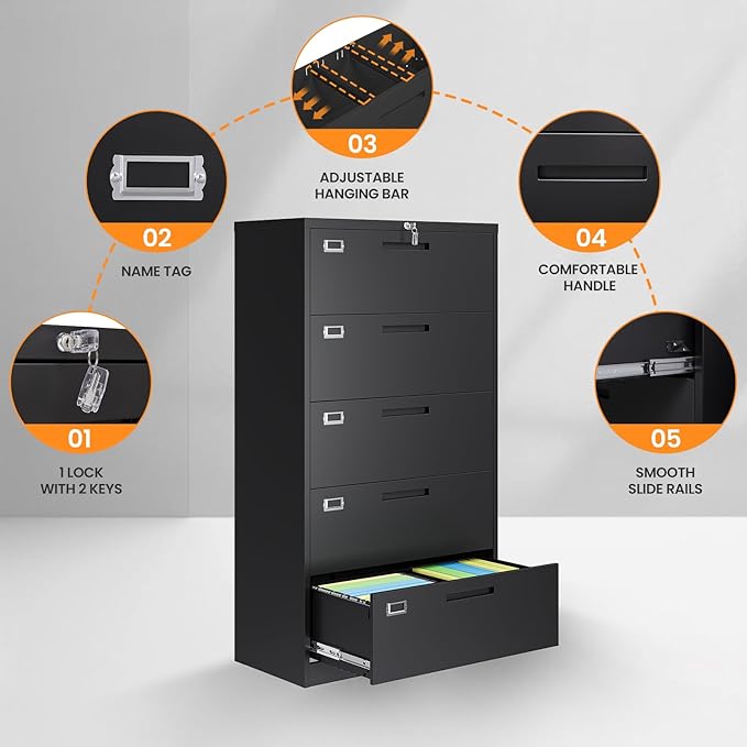 AFAIF 5 Drawer File Cabinets for Home Office, Metal Filing Cabinet with Lock, Black Locking File Caninet Five Drawer, Office Storage Caninets Steel Cabnet for Letter/Legal/A4/F4-Assembly Required