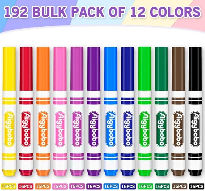 Aigybobo 192 Count Washable Markers Bulk, 12 Assorted Colors, Broad Line Conical Tip Coloring Marker for Kids, Markers Bulk Pack for Classroom, School Art Supplies & Back to School Supplies