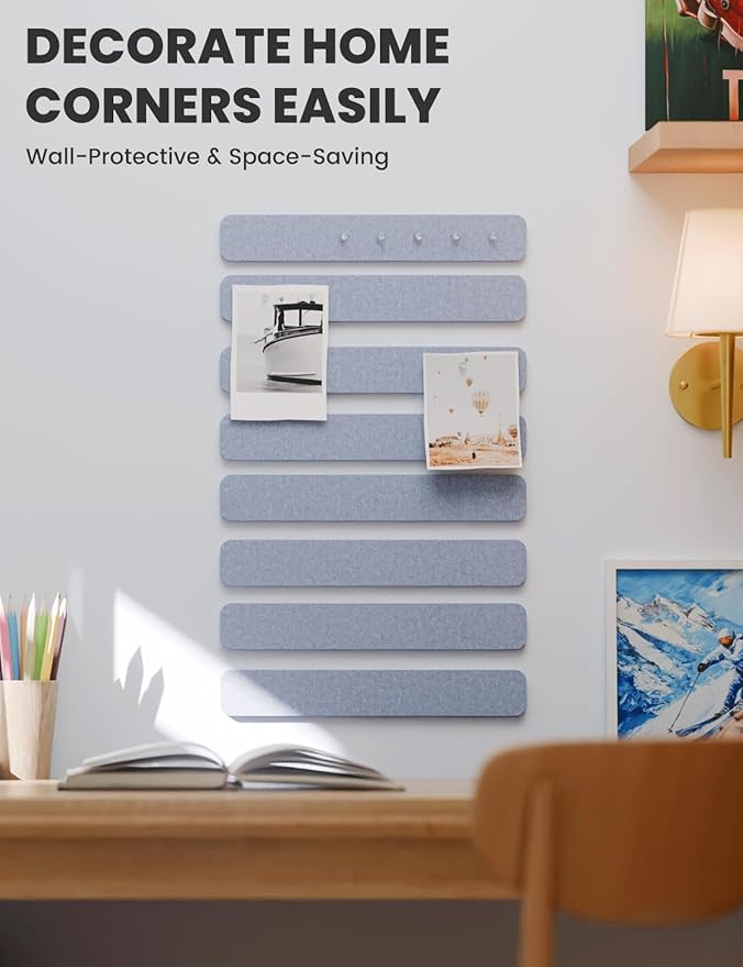 Fluxynara Cork Board Alternative Felt Strip Board 8-Pack 13"x2", Office Pin Board with 50 Push Pins, Adhesive Install for Bedroom Door & Home Office(Soft Periwinkle)