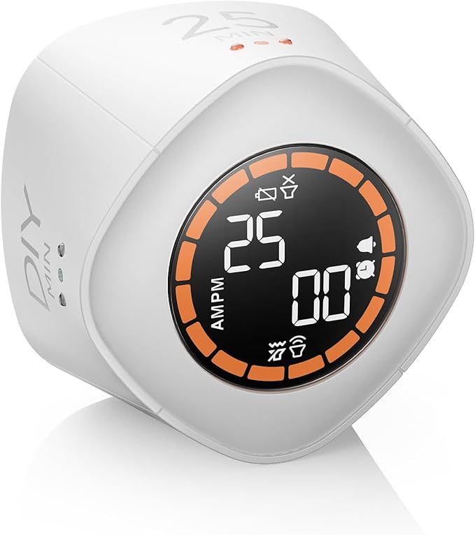 VEWINGL Cube Productivity Timer, 5/10/25/DIY Min Presets + Count-Up Mode, Time Display & Alarm Clock, Sound/Vibrate/Silent Alerts, Pause & Resume, Desk Timer for Work, Study, Kitchen (White)