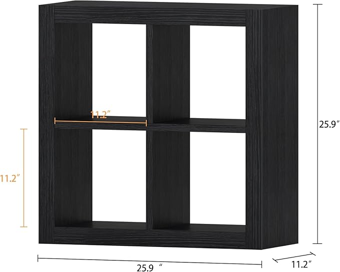 furtble Bookshelf with Storage Bin, 4-Cube Storage Organizer, Modern Wood Open Bookcase, Multifunctional Display Shelf for Living Room, Bedroom, Home Office, Black