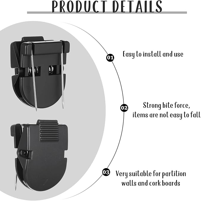 LXUEJIE 12 Pack Cubicle Clips for Fabric Walls, Cubicle Wall Clips Plastic with Stainless Steel Hook, Securely Hold Pictures, Notes & Keys on Fabric Panel Walls, Black