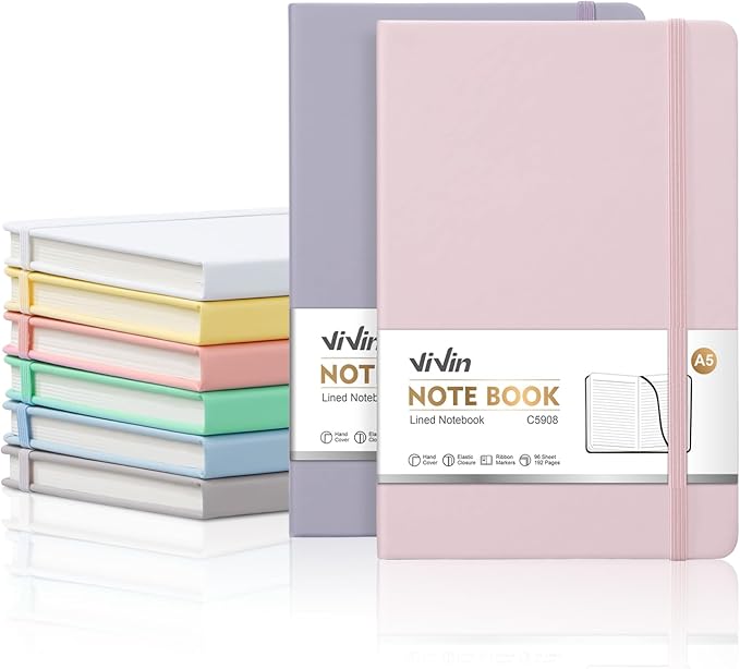 ViVin Lined Journal Notebooks for Work,192 Pages,Medium 5.5 x 8.3 inch,College Ruled,A5 Hardcover Journaling Notebooks for Writing,8 Pack Bulk,Light Colored Series