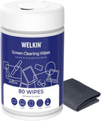 WELKIN 80 Electronics Cleaning Wipes - Non Toxic Screen Cleaner, Streak Free Touchscreen Cleaning for All Phones, Laptop, Computer, TV and Car，1 X Microfiber Cloth Included