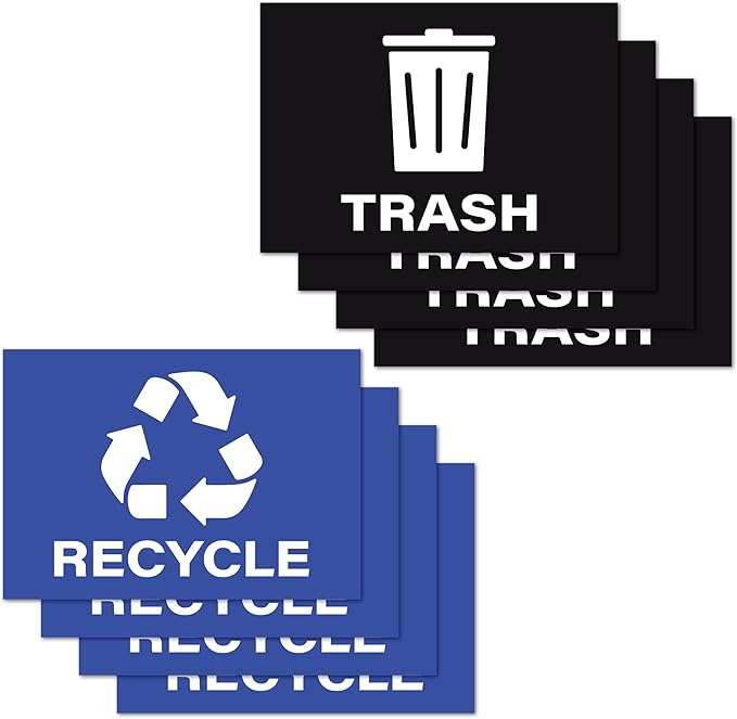 4pc Recycle Stickers + 4pc Trash Stickers | Weatherproof Vinyl Sticker Recycling Signs for Trash Bins, 7" x 10"
