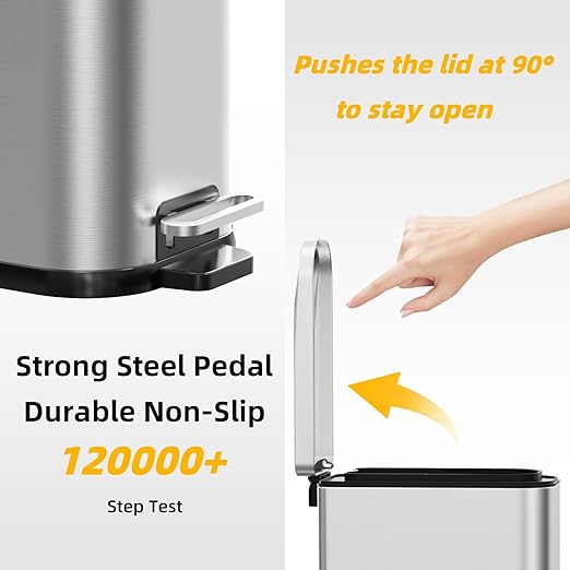 KdbK Bathroom Trash Can with Soft Close Lid, 15L/ 4 GallonRectangular Trash Can with Removable Wastebasket, Step Pedal, Slim Wastebasket for Bedroom, Home Office,Silver