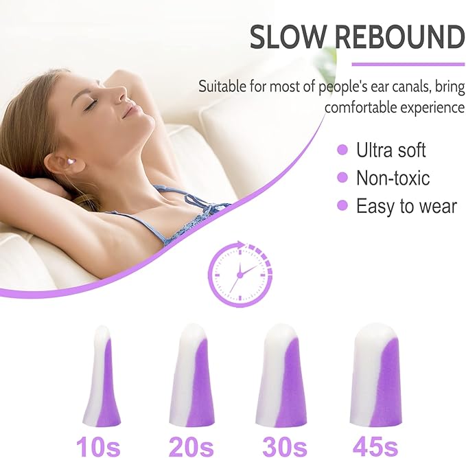 LYSIAN Ultra Soft Foam Earplugs Sleep-5 Pairs, 38dB Noise Cancelling Ear Plugs for Sleeping, Study, Shooting Range and Loud Sound Proof (Purple/White)