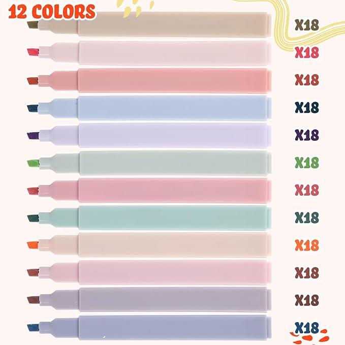 Marspark 216 Pcs Highlighters Bulk Chisel Tip Aesthetic 12 Assorted Colors No Bleed Cute Soft Color Marker Pens for Journal Planner Notes School Study Office Supplies