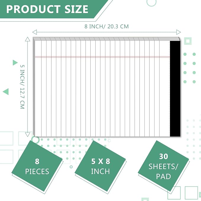 Legal Pads 5 x 8 Inch Notepad, 8 Pack Note Pads College Ruled Perforated Memo Pad for Work Study Daily Note Taking List, Lined Writing Pads Memo Refills Notepads for Office Home School, 30 Sheet/Pad