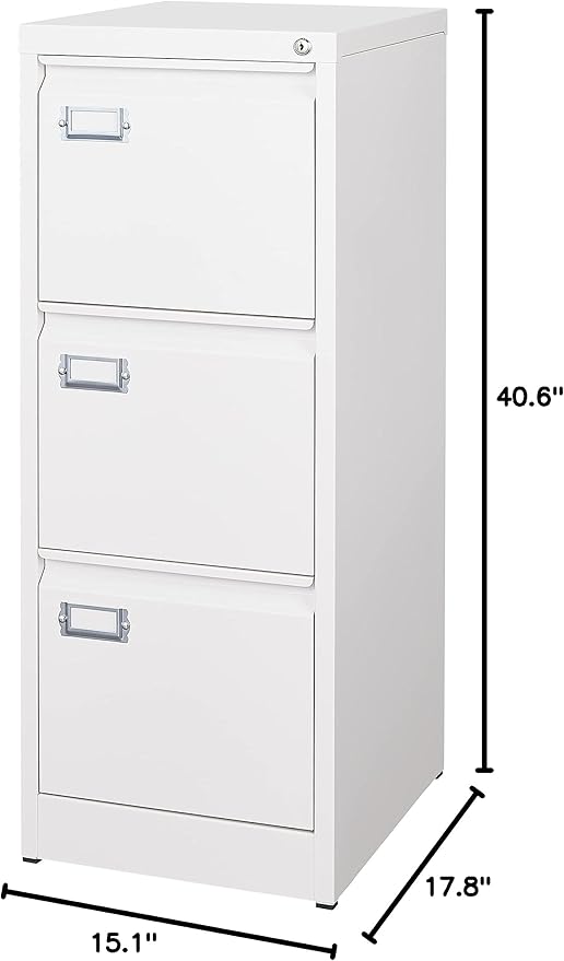 BYNSOE 3 Drawer File Cabinet with Lock Metal Vertical File Storage Cabinet Office Home Steel Vertical File Cabinet for A4 Legal/Letter Size Narrow File Cabinet Locked,Assembly Required