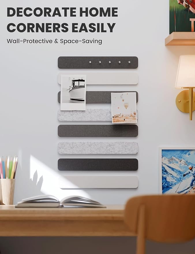 Fluxynara Cork Board Alternative Felt Strip Board 8-Pack 13"x2", Office Pin Board with 50 Push Pins, Adhesive Install for Bedroom Door & Home Office(Concrete Echo)