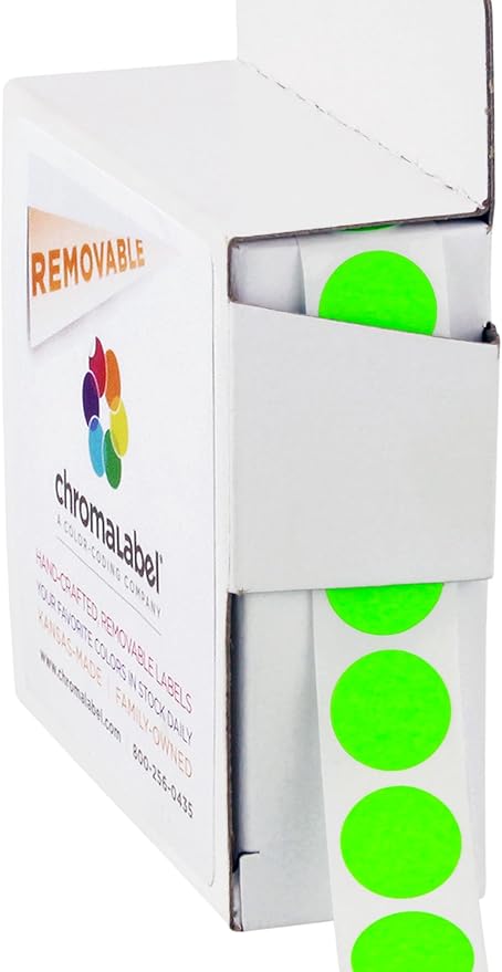 ChromaLabel Brand Fluorescent Green 1/2" Round Removable Stickers - 1000 Colored Dots for Arts & Crafts, Organization, Office, Retail, Classroom, Warehouse, Food Service, Medical - Made in USA
