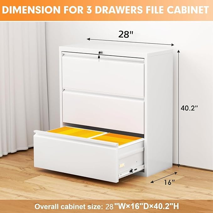 INTERGREAT 3-Drawer White Lateral File Cabinet, Locking Metal Lateral Filing Cabinets with Lock, 28" W Horizontal Storage Cabinet with Adjustable Shelves for Home & Office