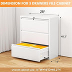 INTERGREAT 3-Drawer White Lateral File Cabinet, Locking Metal Lateral Filing Cabinets with Lock, 28" W Horizontal Storage Cabinet with Adjustable Shelves for Home & Office