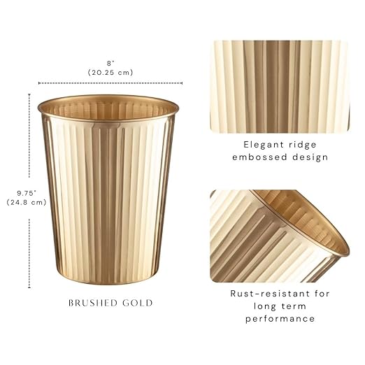 Monarch Abode Metal Bathroom Trash Can – Waste Basket for Bedroom, Office Desk, & Dorm, Handcrafted Ridge Embossed, Durable Decorative Brushed Gold Small Trash Can Bathroom Garbage Bin Wastebasket