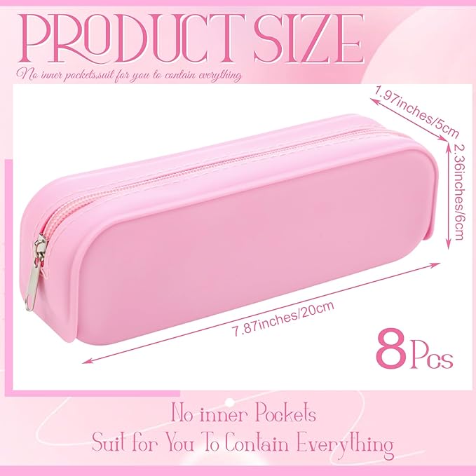 Feifeiya 8 Pcs Silicone Pencil Case Pen Zipper Pouch Bags Aesthetic Back to School Gifts Stationery Travel Toiletry Makeup Coin Organizer Waterproof Valentines Galentines Party Favors (Pink)