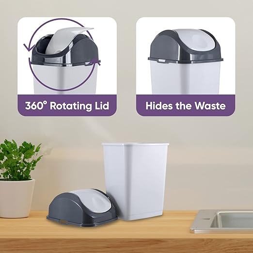 Superio Mini Desktop Trash Can with Swing Top Lid Portable Plastic Garbage Can for Countertop, Desktop, Make up Vanity, Bathroom, Car, Under Sink, Dorm Compact Waste Bin 5 L 1.25 Gal (2, Smoke/Grey)