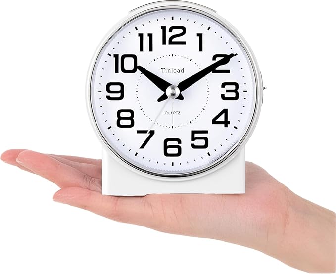 Tinload 4.3" No Ticking Analog Alarm Clock,Silent Readable for Seniors,Easy to Set,Gradual Rise Alarm,Big Numbers,On/Off Switch on Side,Gentle Wake,Snooze,Lighted on Demand,Battery Operated,White