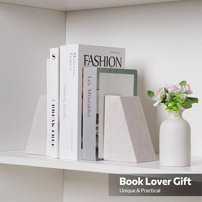 Faticdorr Marble Bookends for Shelves, 11LB Heavy Duty Marble Book Ends for Heavy Books, Stone Bookends Decorative, Polished, Beige Triangular, Set of 2