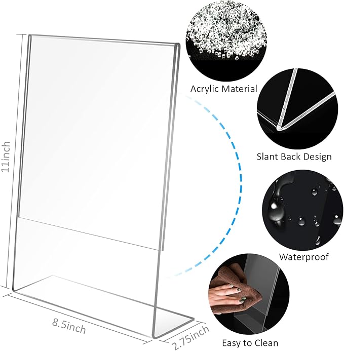 Ludery 8.5x11 Inches Acrylic Sign Slant Back Holder, Plastic Display Stand,Brochure Holder, Table Top Sign Holder For Office, Home, Store, Restaurant(12pack)