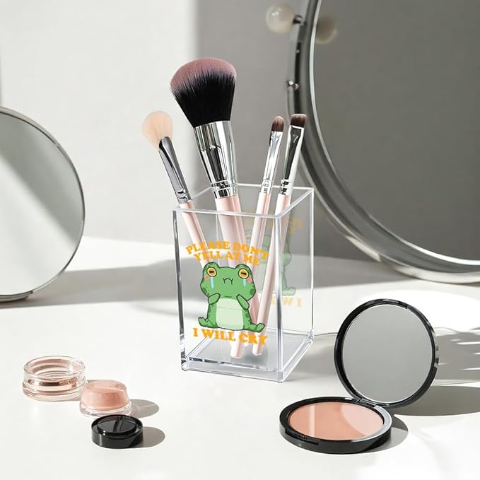 Vgrti Please Don't Yell at Me I Will Cry Acrylic Cosmetic Pencil Pen Holder Cup, Funny Frog Desk Organizer Accessory for Home Office Decor, Frog Lover Gifts, Sarcastic Work Gifts for Coworker Teacher