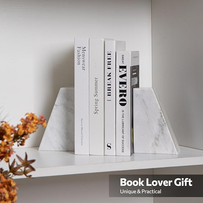 Faticdorr Luxury Marble Bookends for Shelves, 11LB Heavy Duty Marble Book Ends for Heavy Books, Stone Bookends Decorative, Polished, Carrara White Triangular, Set of 2