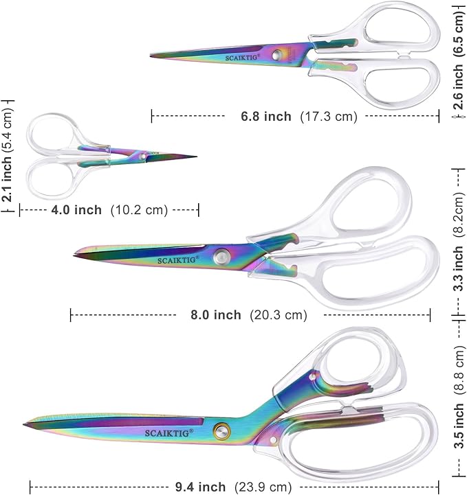 SCAIKTIG Acrylic Scissors, 4-Pack (9.4"/8"/6.8"/4"), Clear Comfort-Grip Handles, Titanium Coated Blades, Sharp, Heavy Duty, Ambidextrous, Transparent + Rainbow