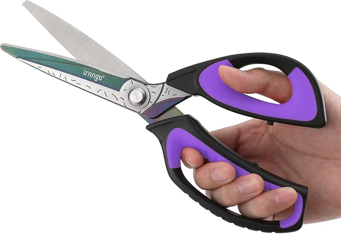LIVINGO Heavy Duty Industrial Scissors: 10" Utility Stainless Steel Scissors all Purpose Premium Titanium Coating Forged Shop Shears for Household Pruning, Gardening, Construction, Black & Purple